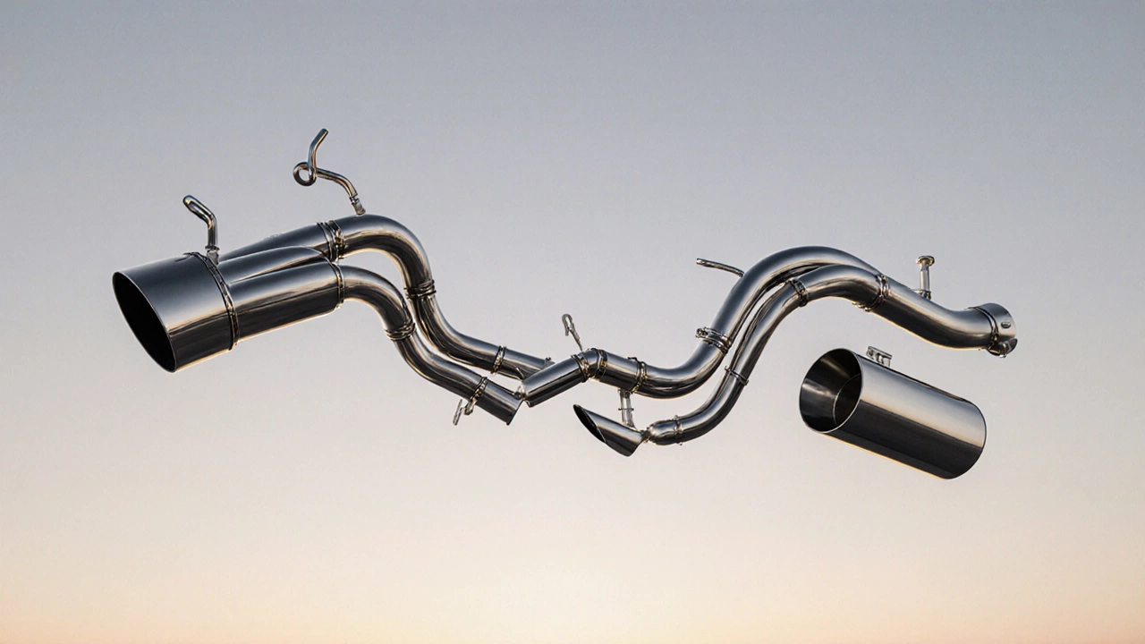 Stainless steel exhaust system components arranged in order from engine to tailpipe with metallic shine.