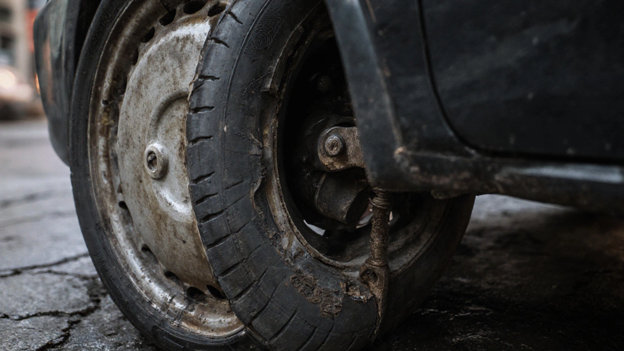 Tire showing severe cupping and uneven wear, indicating suspension problems.