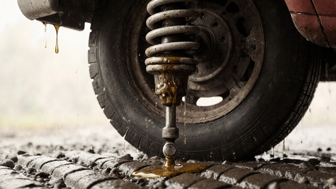 Worn shock absorber leaking fluid with cupped tire tread