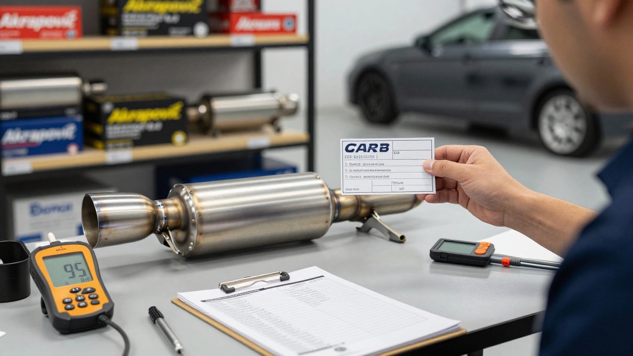 A mechanic holding certification labels for a slip-on exhaust next to inspection tools and certified brand boxes in a tidy workshop.