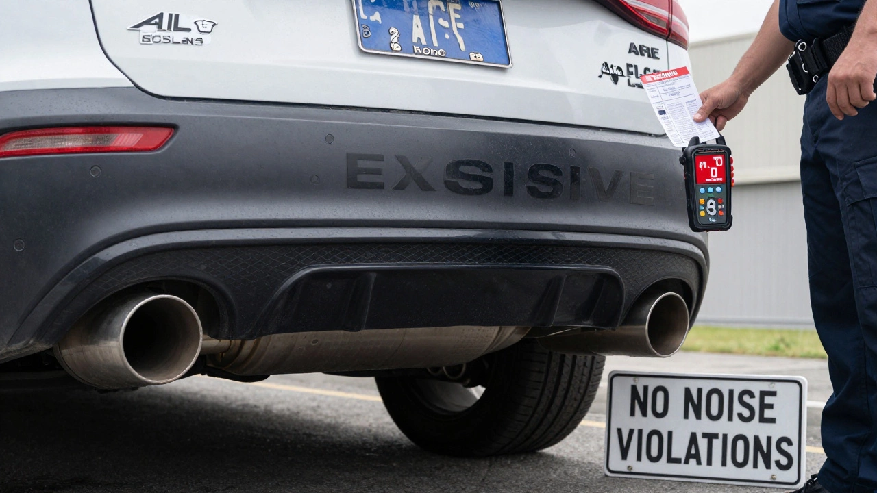 A police officer using a noise meter on a car with a loud, baffle-free exhaust, red alert flashing, near a &#039;No Noise Violations&#039; sign.