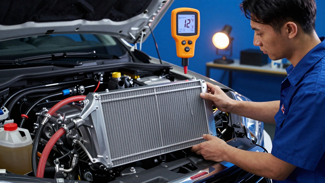 A technician installing a high-performance aluminum radiator in a Toyota Hilux during a summer workshop.