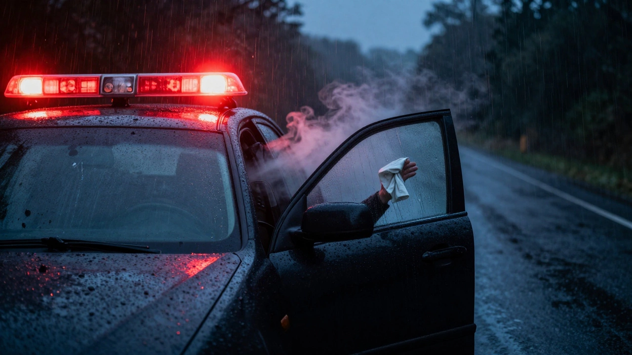 Car pulled over at night with hazard lights on during heavy rain.