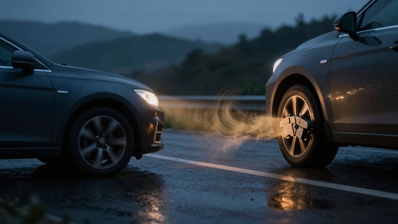 Car stopping safely on a wet road with glowing brake pads