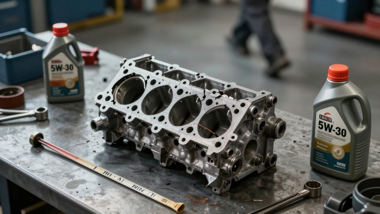 Cracked engine block on workbench with spilled oil and dipstick.