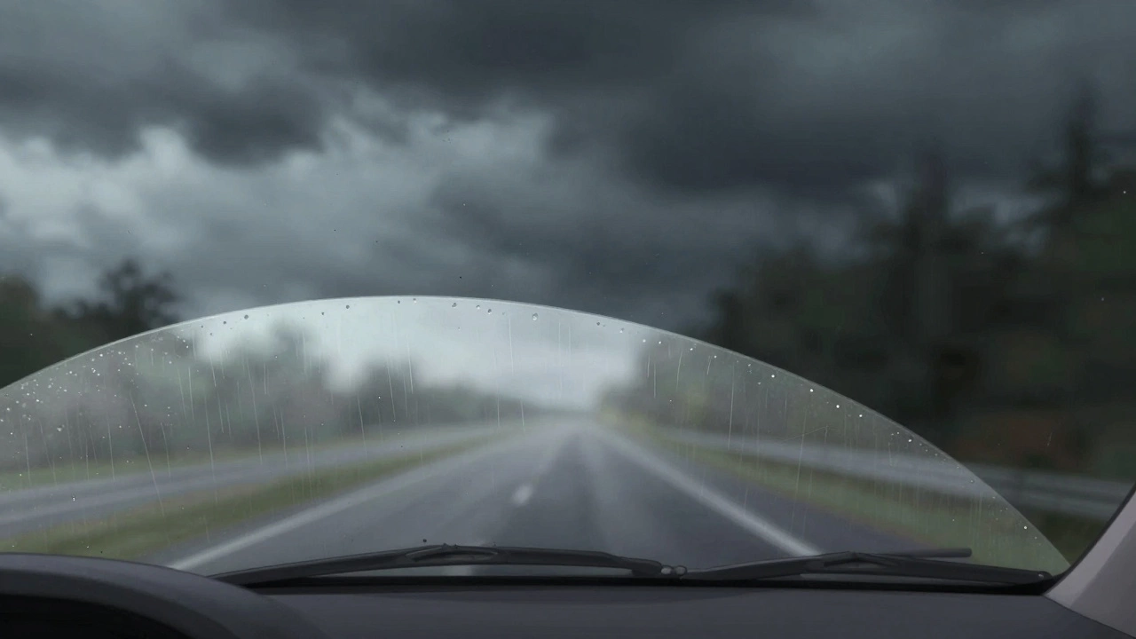 Driver&#039;s view with a large uncleaned strip at top of windshield in rainy conditions.