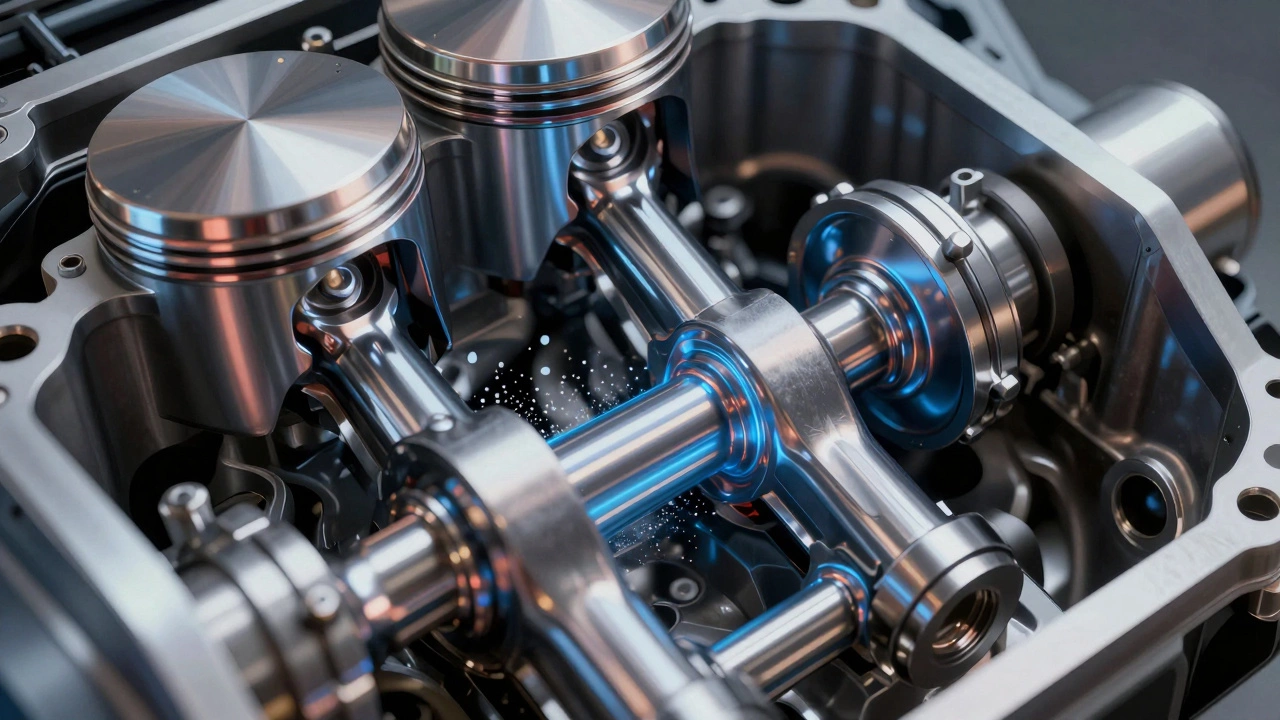 Engine cross-section showing synthetic oil film protecting internal parts from wear and debris.