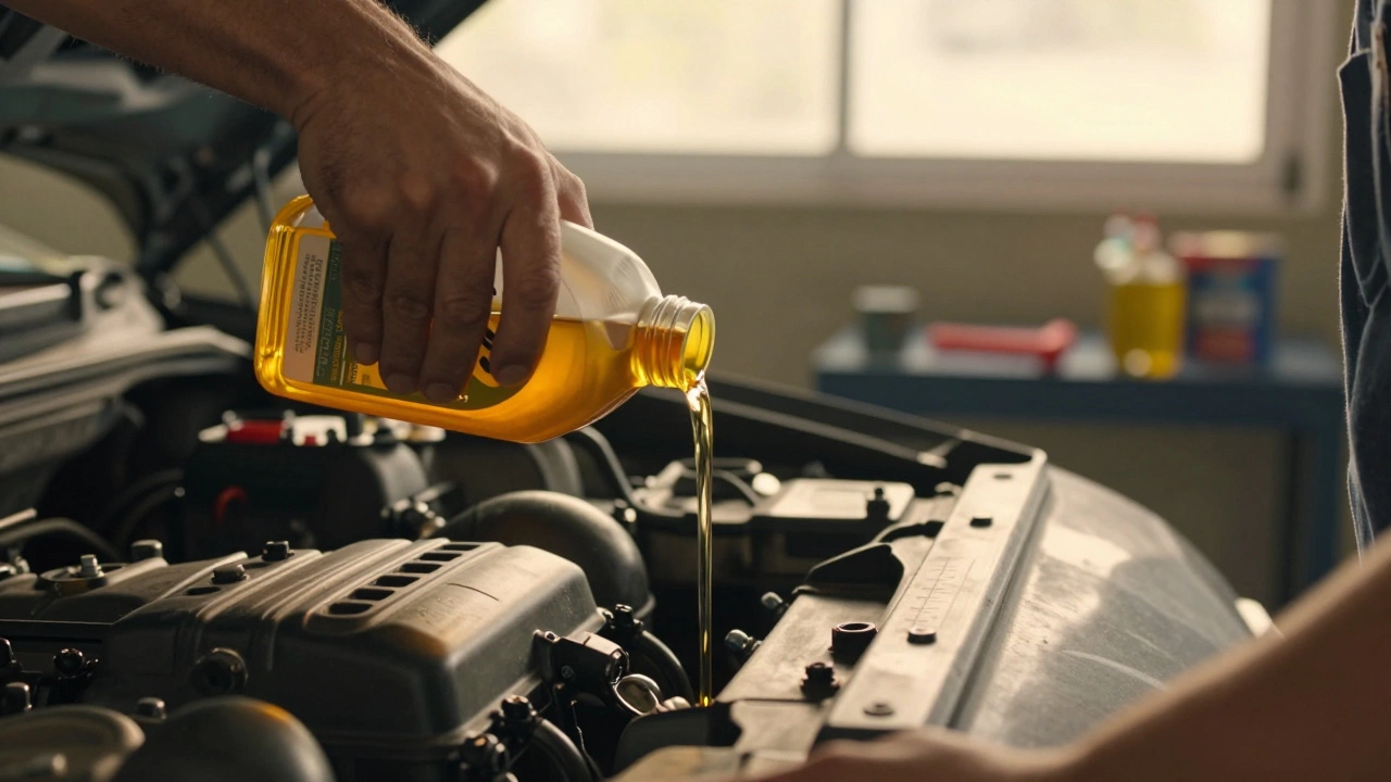 Hands slowly adding oil to a turned-off engine, dipstick visible on fender, golden light.