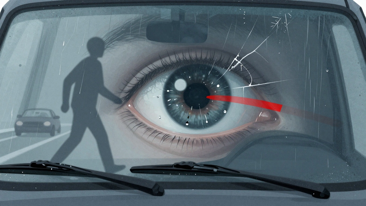Human eye view through a smeared windshield with hidden road hazards.