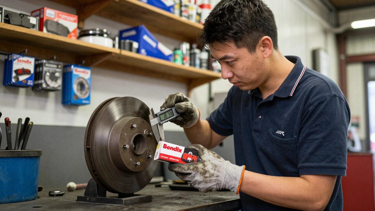 Mechanic inspecting brake rotors with a caliper in a garage