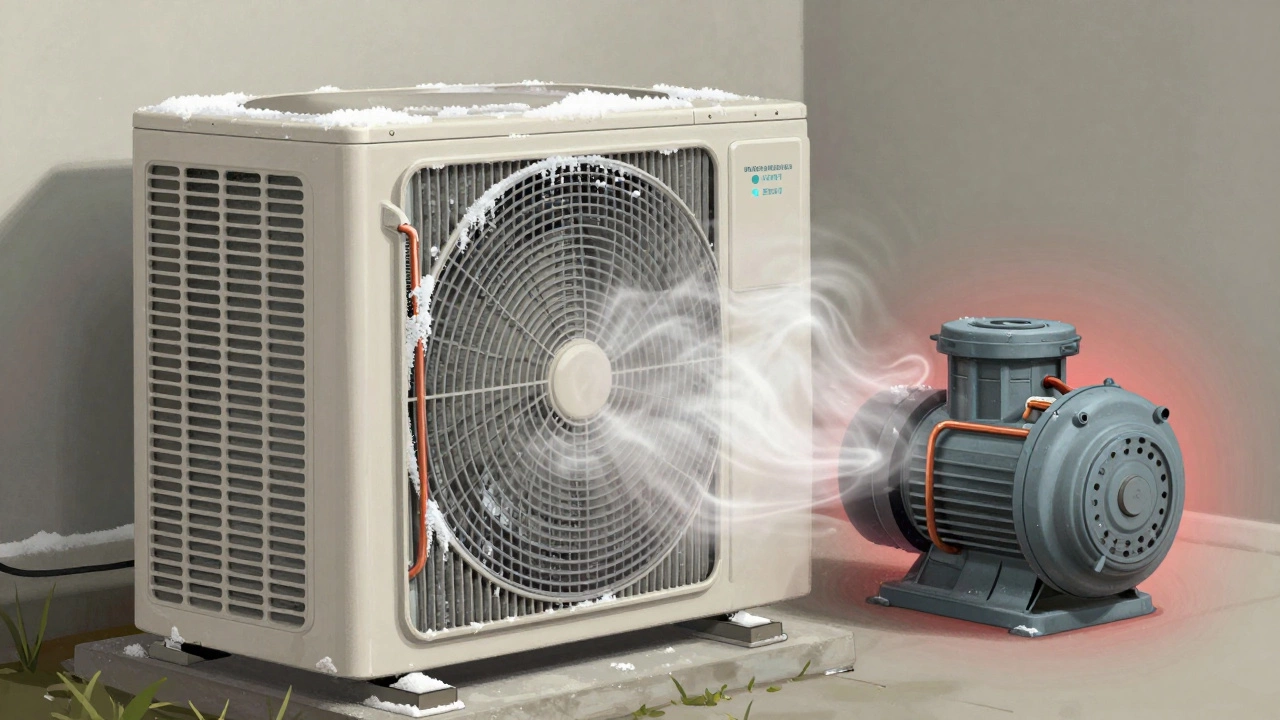 Old AC unit with ice on coils and strained blower motor due to restrictive filter.