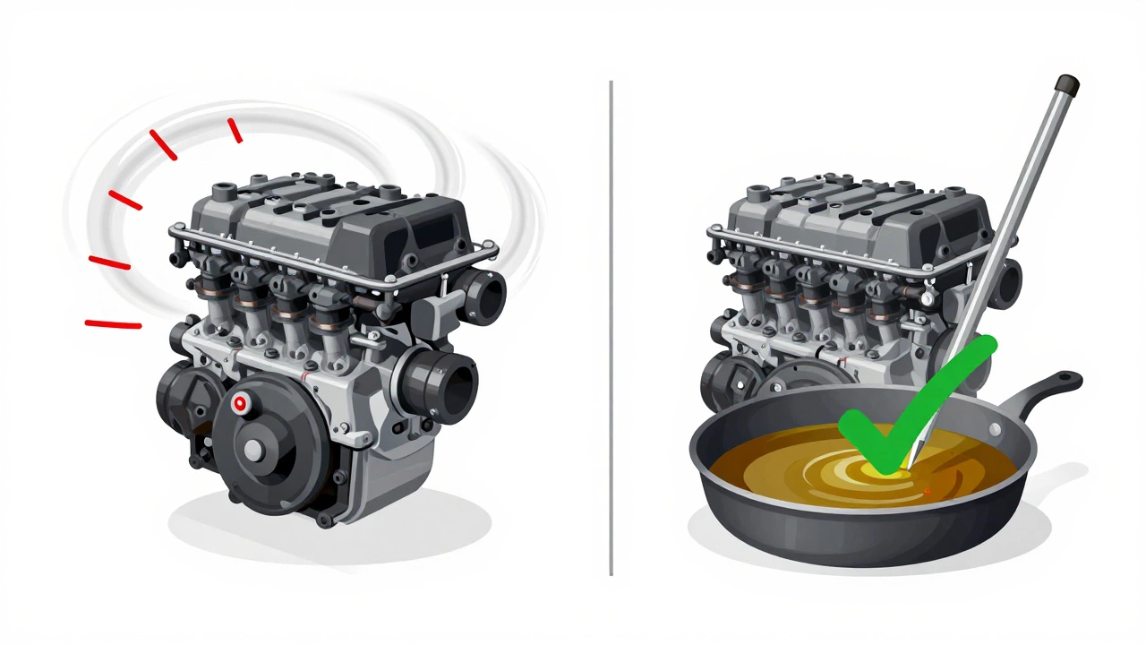 Split image: chaotic oil flow in running engine vs. calm settled oil in off engine.