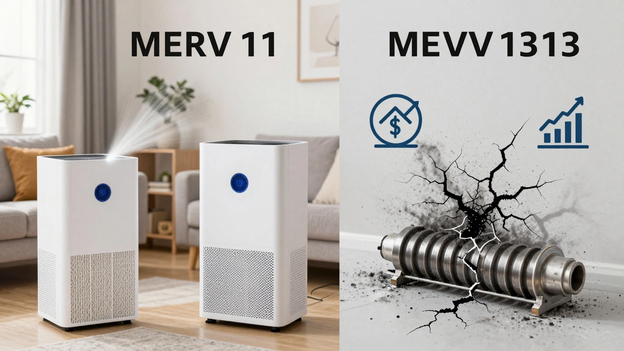 Split image: clean air solution with MERV 11 and HEPA purifier vs. clogged MERV 13 causing damage.
