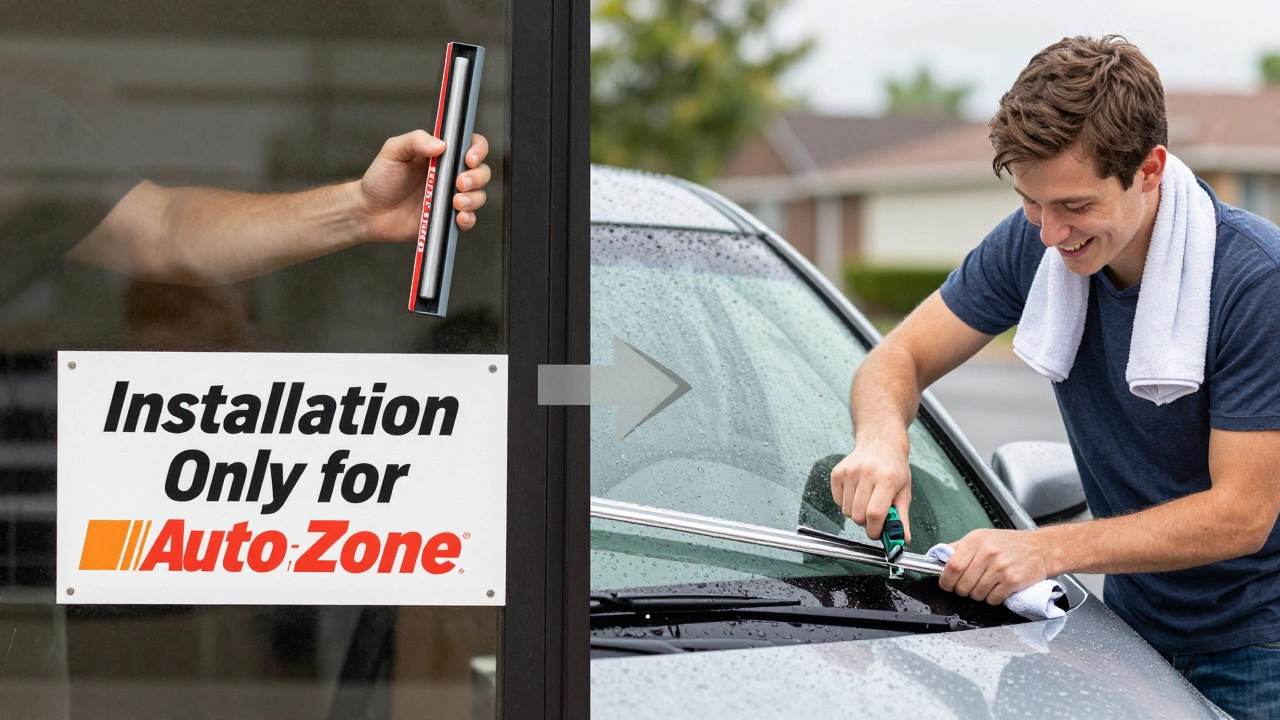 Split image: customer turned away vs. successfully installing wiper blades themselves.