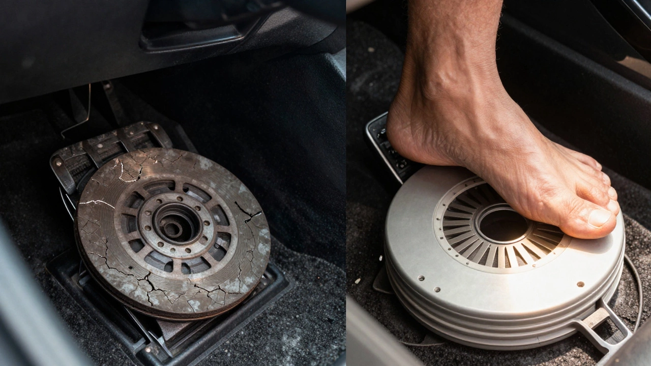 Split image: left shows worn clutch from riding pedal, right shows pristine clutch with foot off pedal.