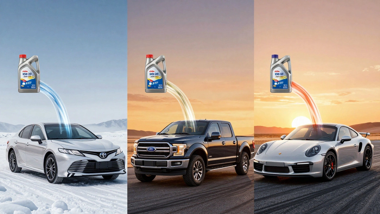 Three different cars with flowing viscosity labels representing their ideal engine oil under varied climates.