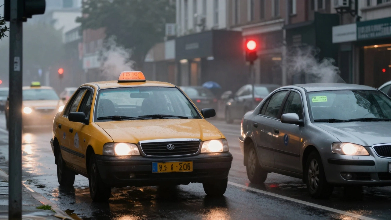 Two cars at a city intersection, one idling, one neglected with overdue oil note