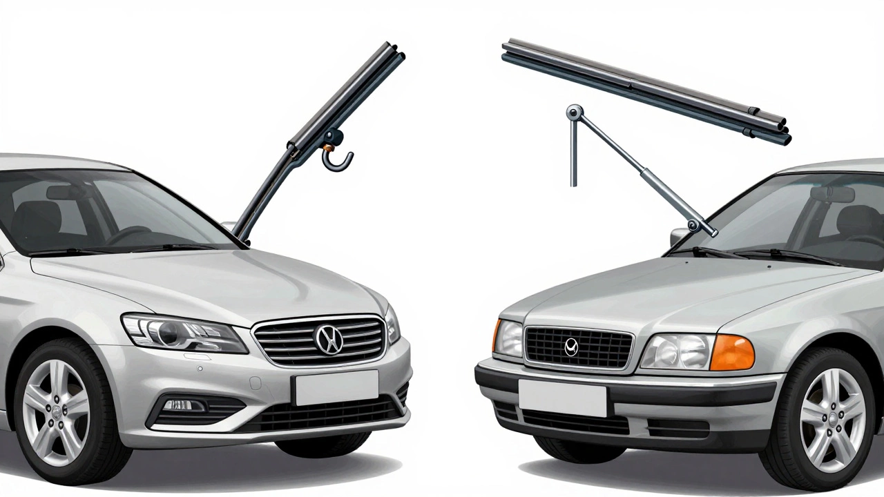Close-up comparison of two different windshield wiper mounting systems.