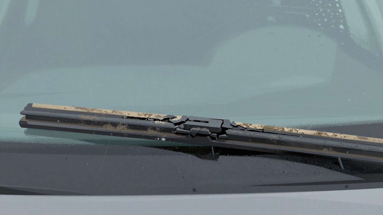Close-up of damaged wiper blade with cracks and grime against a scratched windshield.