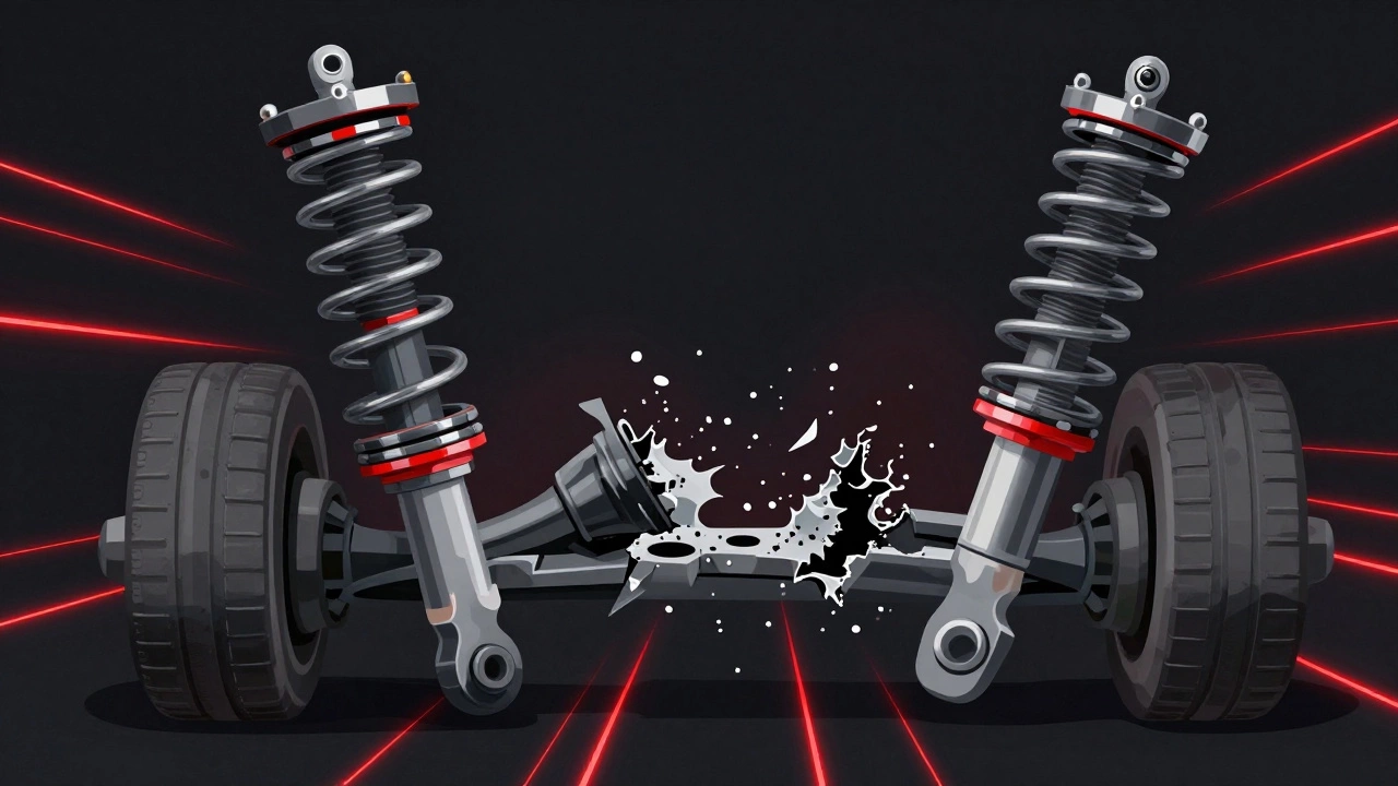 Cross-section of a car's suspension system showing broken shocks and springs contrasted with intact components.