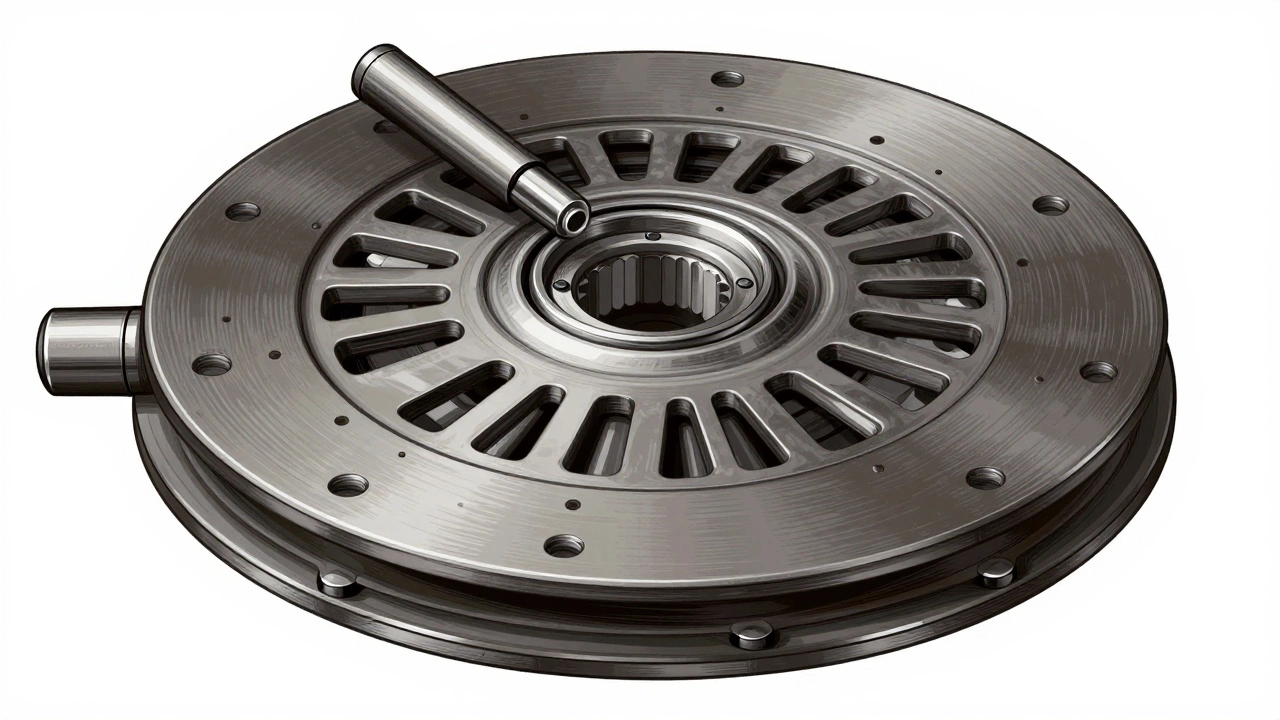 Cross-section of clutch system showing disc between flywheel and pressure plate with release bearing engaged.