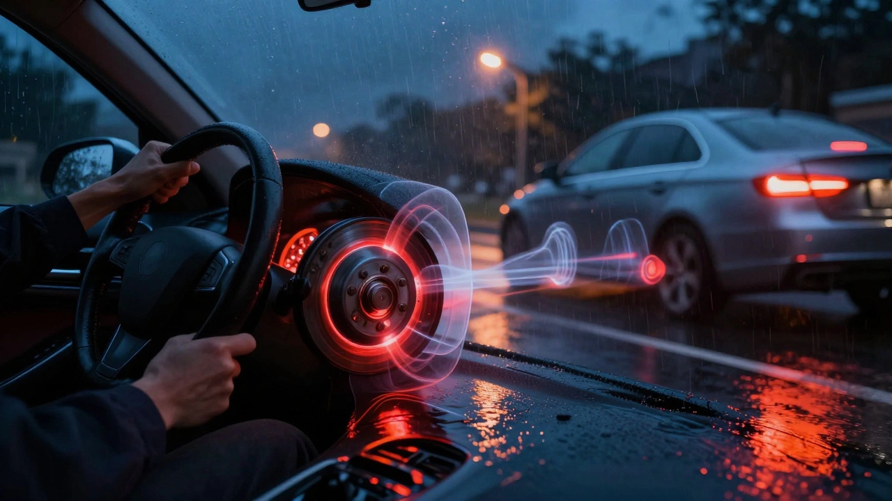 Driver gripping steering wheel with transparent view of overheated, worn rotors beneath the car.