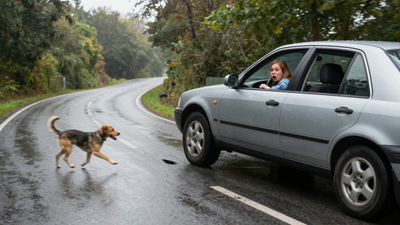 Family in a car leaning dangerously on a rainy rural road as a dog runs across, tires losing grip.