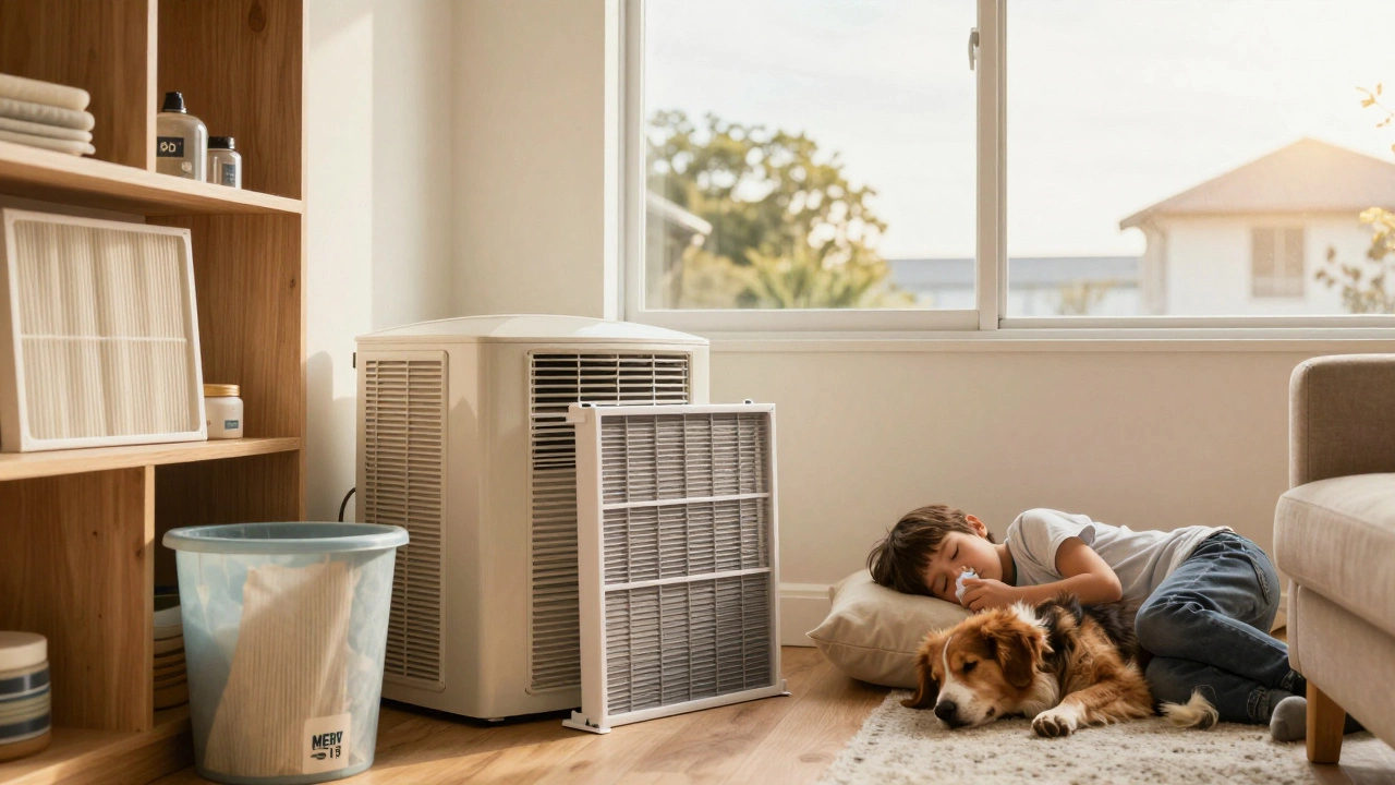 Family sleeping peacefully in a clean home with a MERV 11 air filter being replaced.