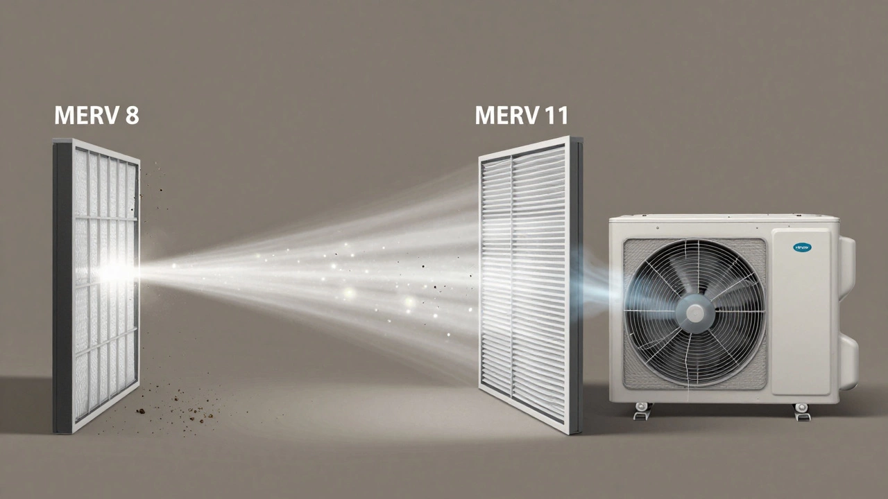 HVAC system showing airflow differences between MERV 8 and MERV 11 filters with trapped particles.