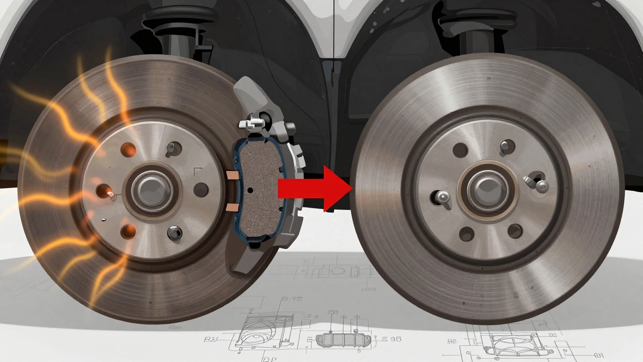 Side-by-side comparison of damaged vs. proper brake rotor and pad contact.