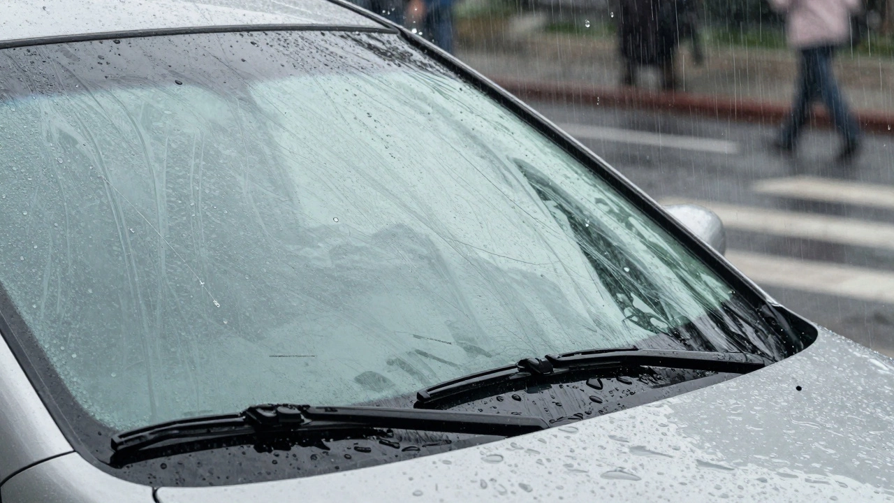 Worn wiper blade streaking a rainy windshield while another clears properly.