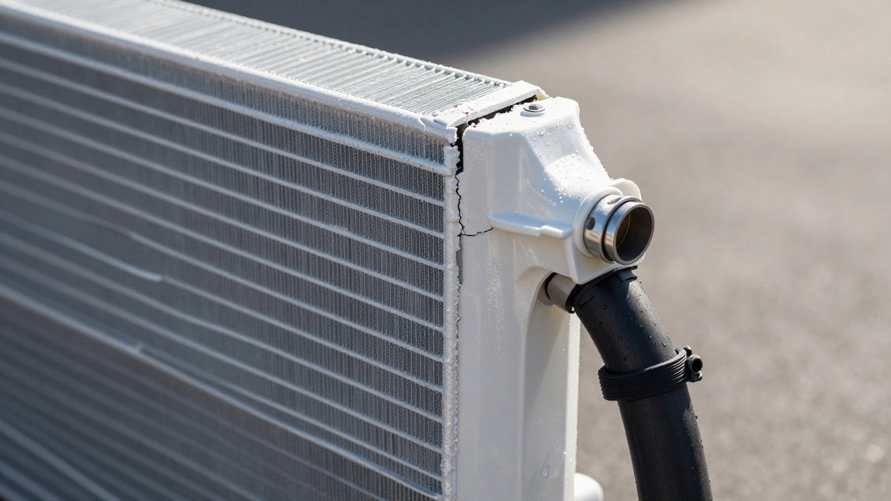 A cracked plastic radiator tank with white coolant residue along the seam where it meets the metal core.