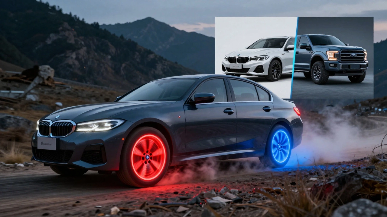 Car driving uphill with brake pads glowing in heat and cool ceramic tones, symbolizing performance vs. durability.