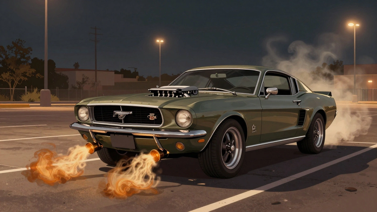Ford Mustang GT V8 idling with a deep, resonant rumble from a chambered exhaust.