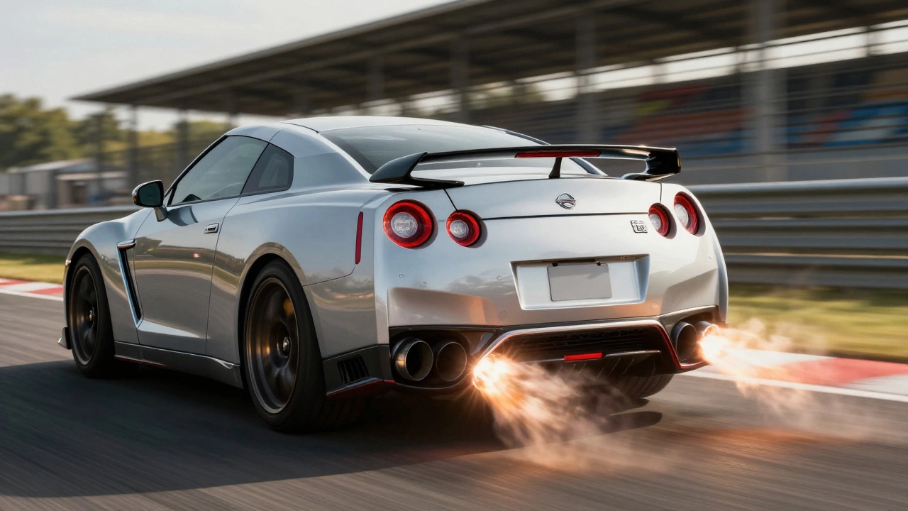 Nissan GT-R launching on track with titanium exhaust producing a high-pitched scream.