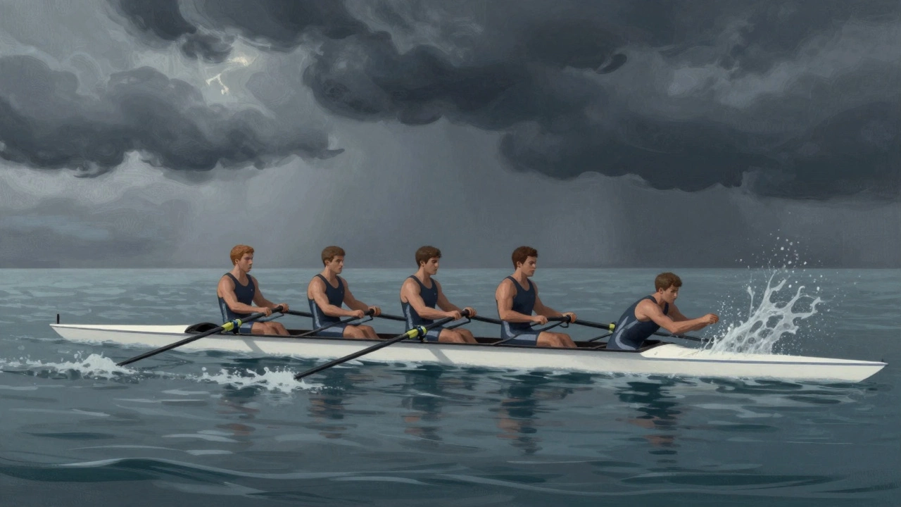 Rowing team with three synchronized rowers and one lagging, symbolizing engine cylinder imbalance.