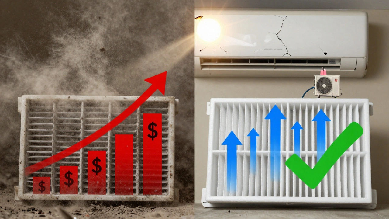 Split-screen: dirty filter blocking airflow with rising costs on one side, clean filter with smooth airflow and green checkmark on the other.