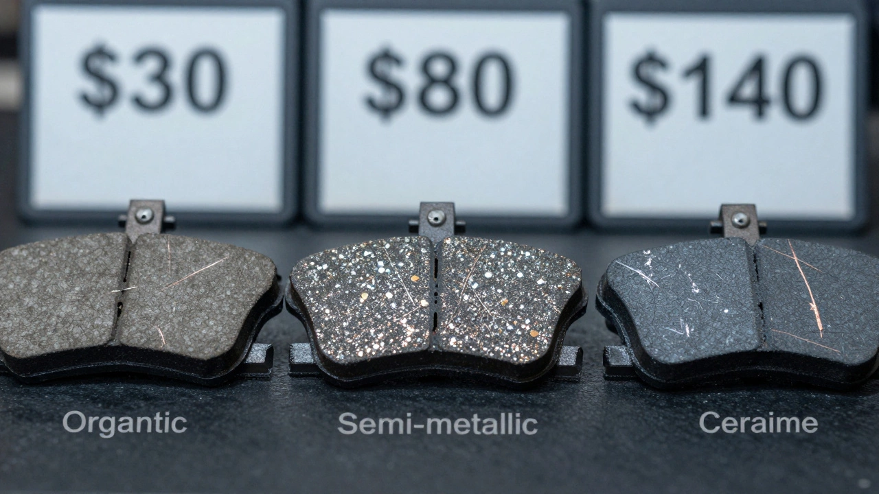 Three types of brake pads side by side: organic, semi-metallic, and ceramic, highlighting material differences.