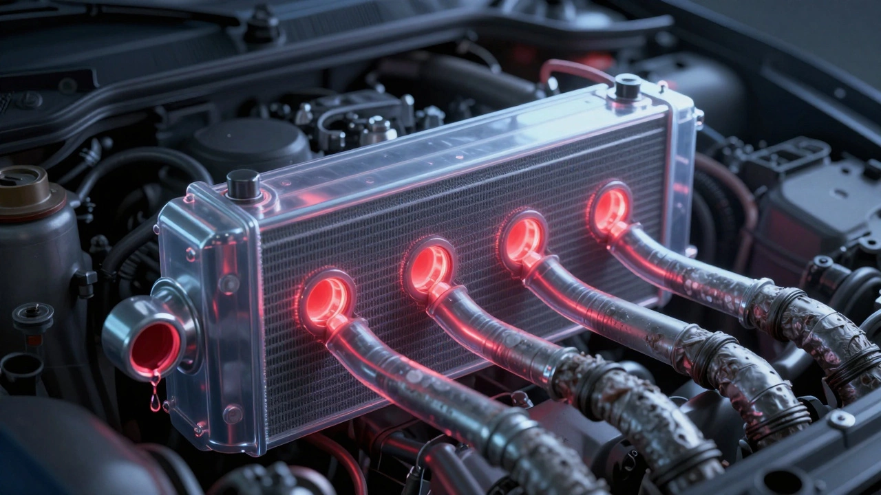 Transparent engine view showing hidden coolant leaks in radiator tubes and water pump with glowing pinpoints.