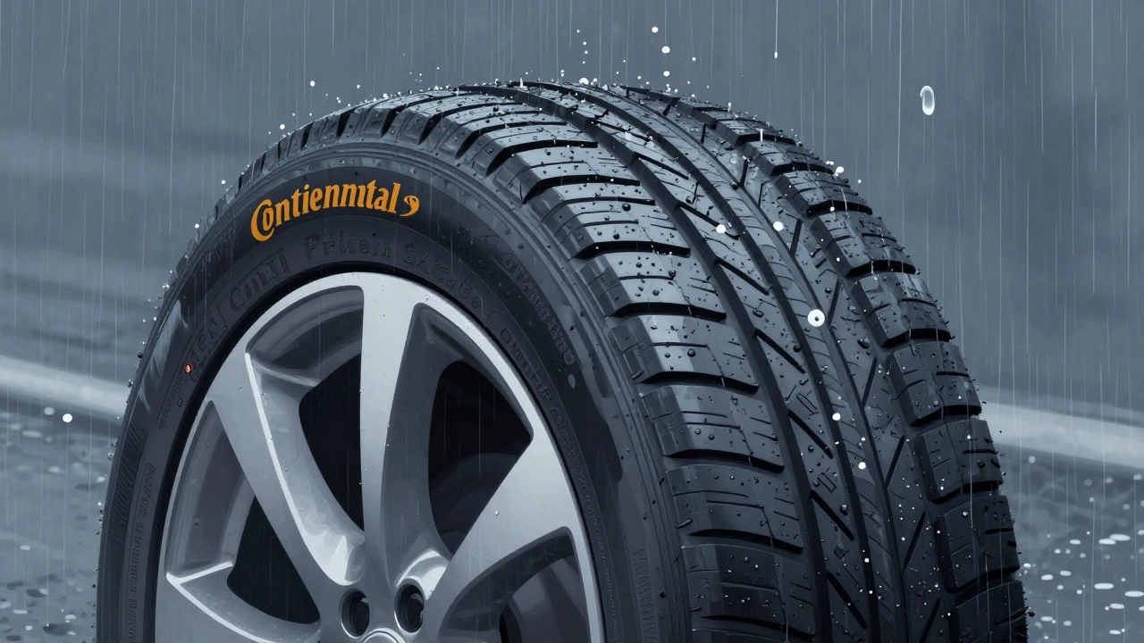 Continental tire on wet pavement with water channels and sealing puncture detail.
