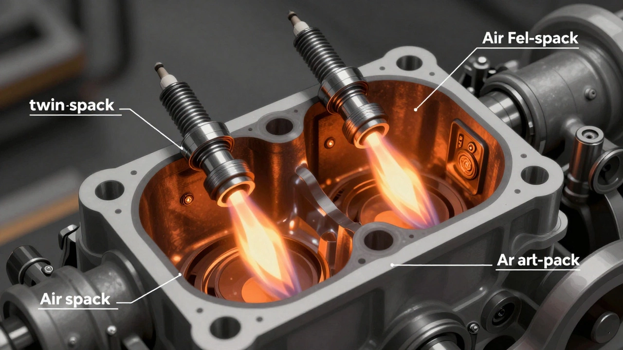 Cross-section of a twin-spark cylinder showing two spark plugs igniting the fuel mixture.