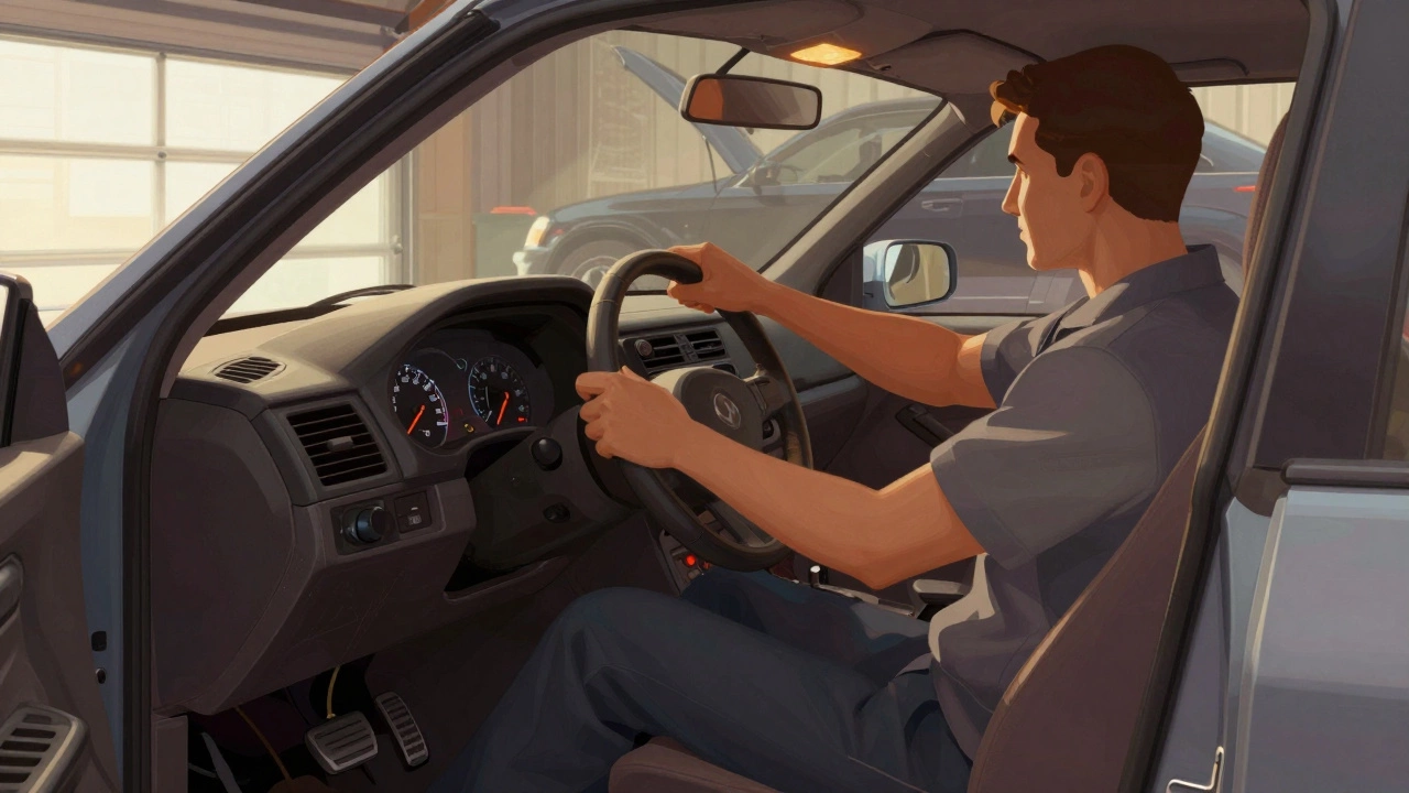 Driver testing clutch engagement at low RPM in garage setting