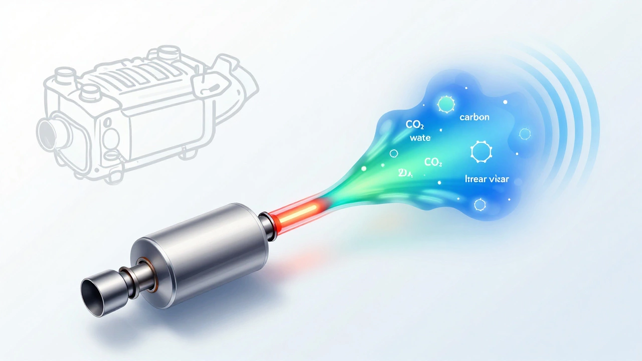 Flow of toxic exhaust gases transforming into harmless emissions through a catalytic converter, with sound waves being silenced by a muffler.