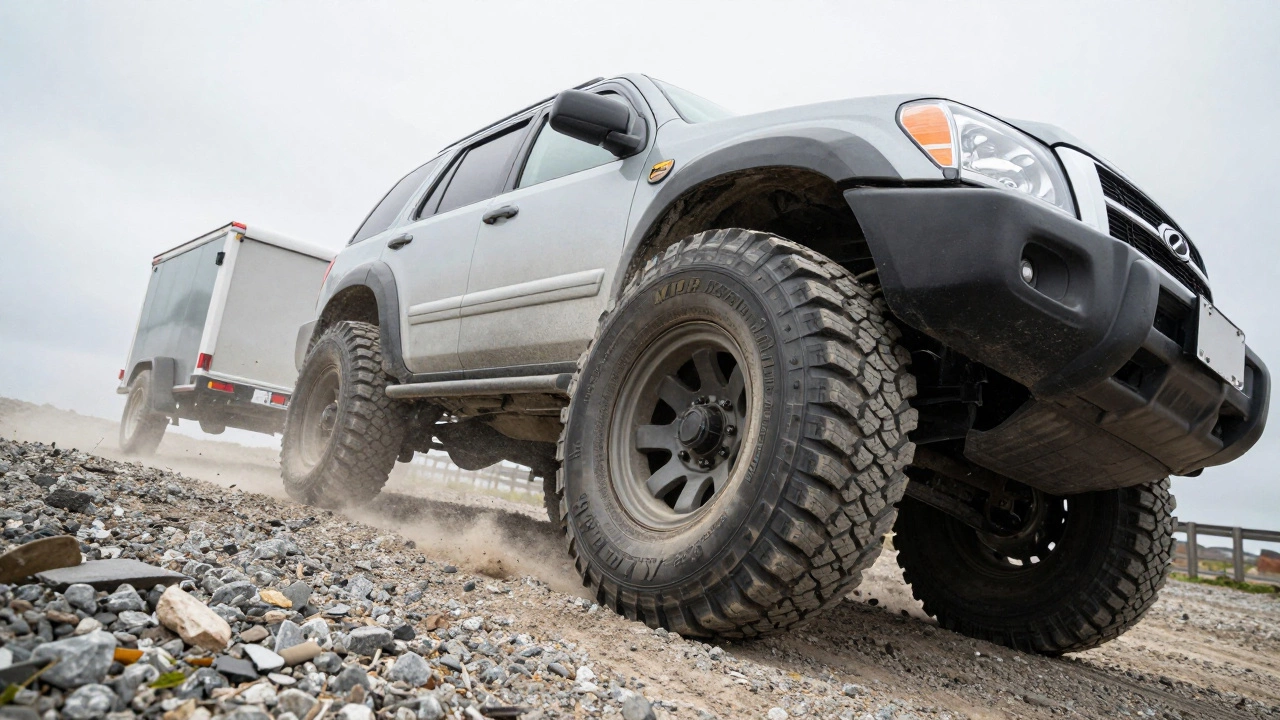 Goodyear tire under load towing a trailer up a gravel hill in overcast weather.