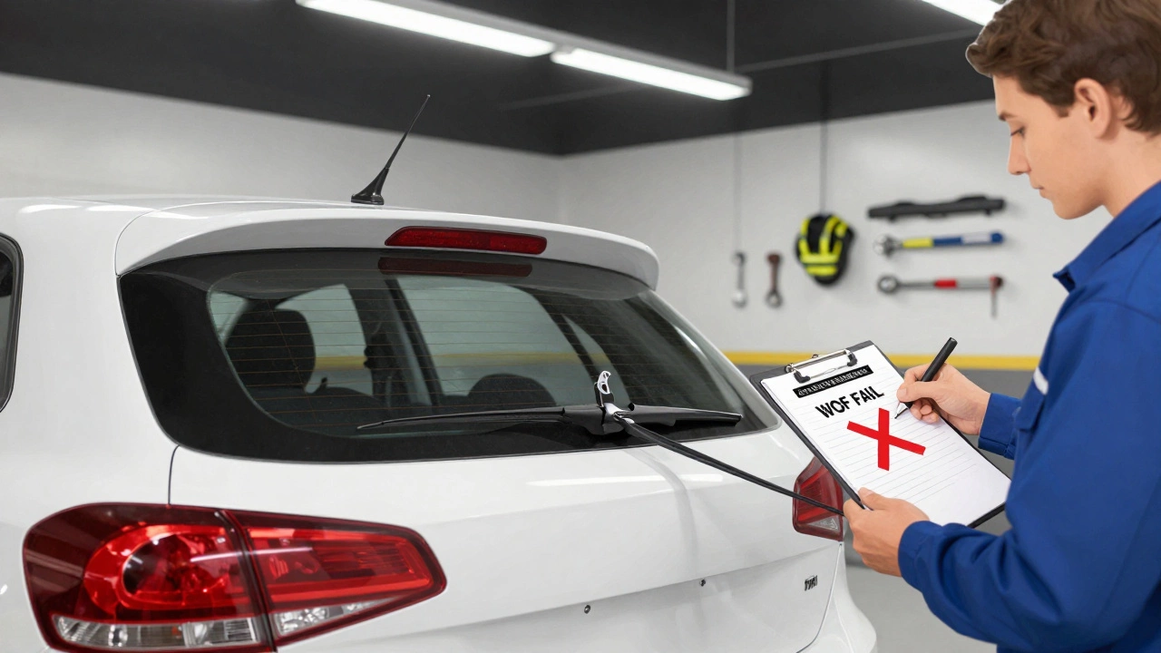 Mechanic and inspector at WOF inspection pointing to missing rear wiper on a hatchback, 'WOF FAIL' clipboard visible.