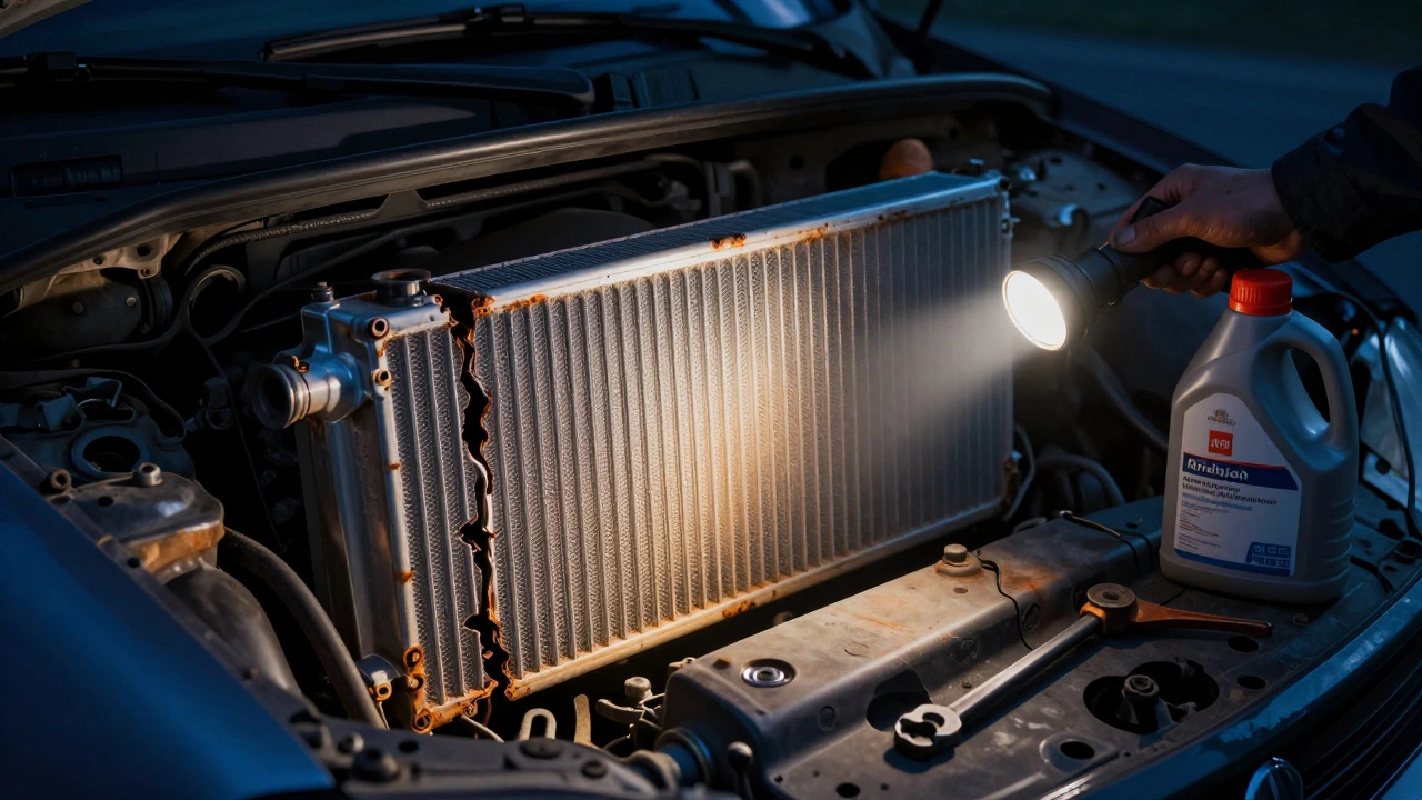 Mechanic shining flashlight on cracked radiator with leaking coolant.