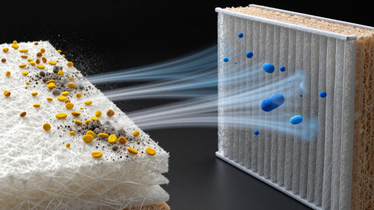 Microscopic view of air filter fibers trapping dust and pollen particles.