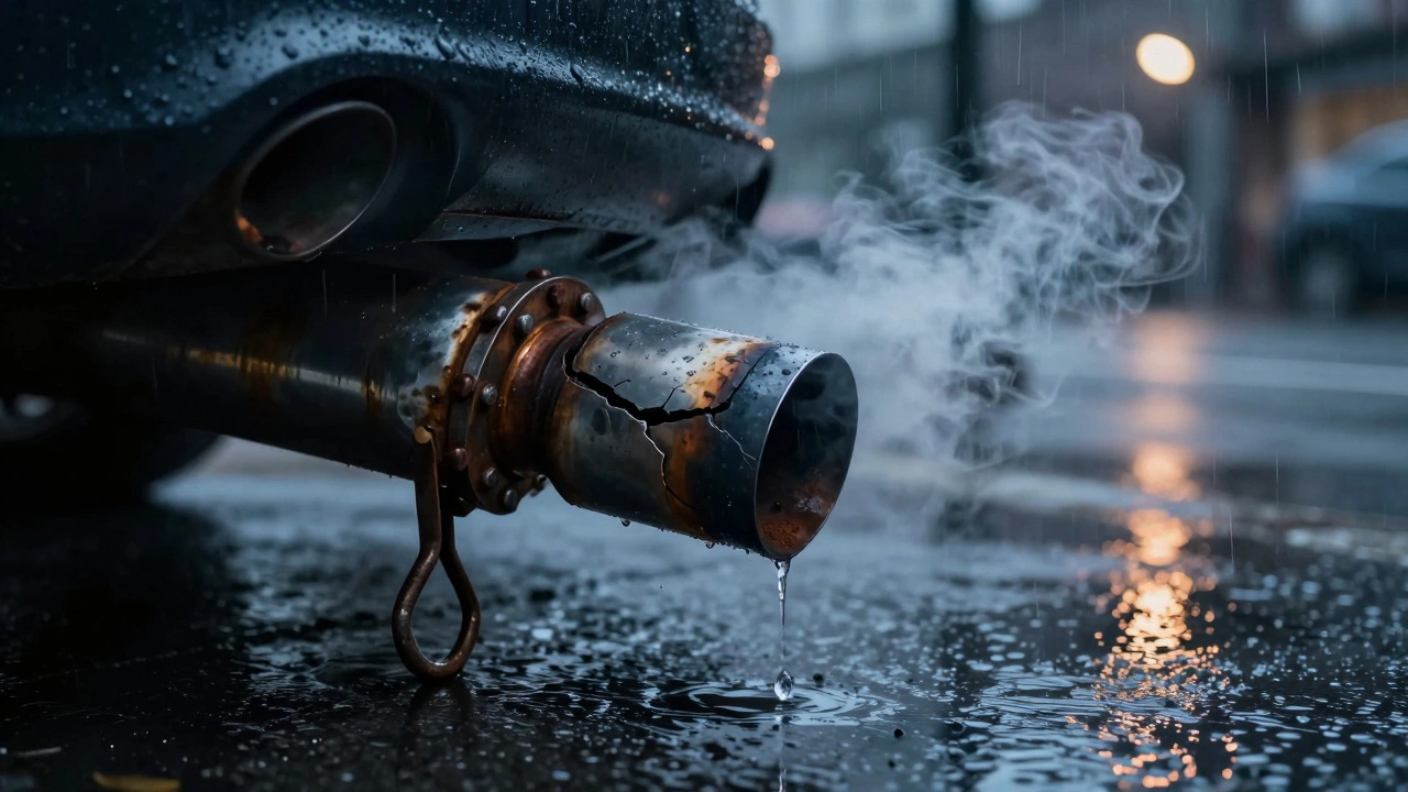 Rusted and cracked exhaust pipe leaking fumes in the rain, with water dripping from a broken hanger onto wet pavement.