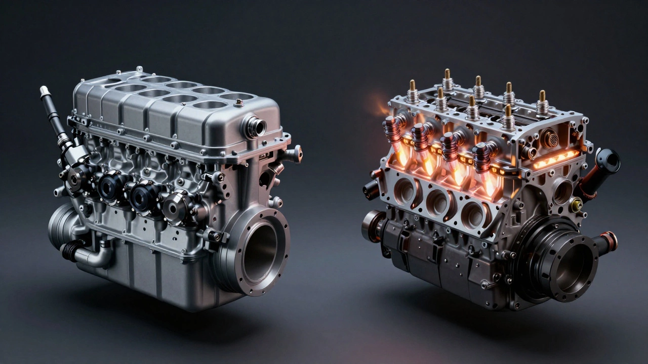 Side-by-side comparison of diesel and gasoline engines showing presence and absence of spark plugs.