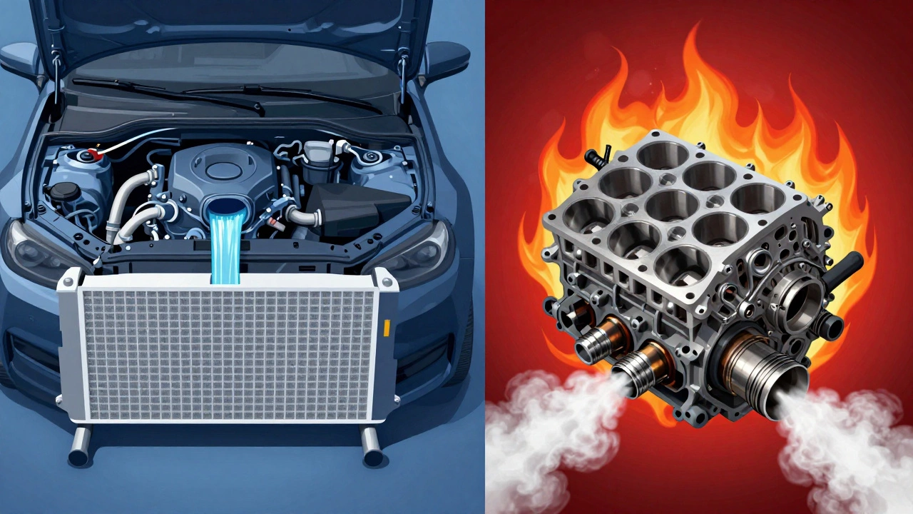 Split image: healthy engine vs. destroyed engine from overheating.